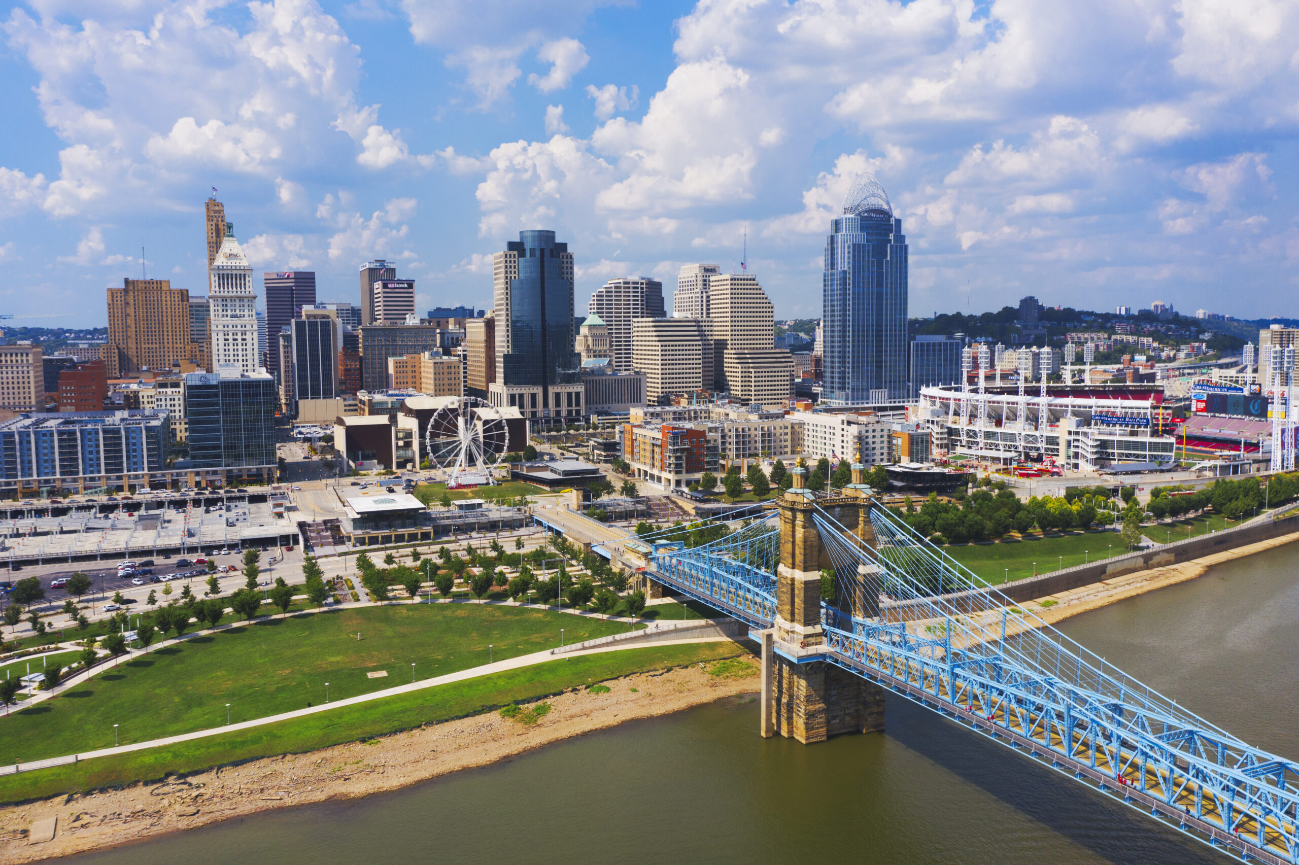 Cincinnati skyline aerial view with Ohio river