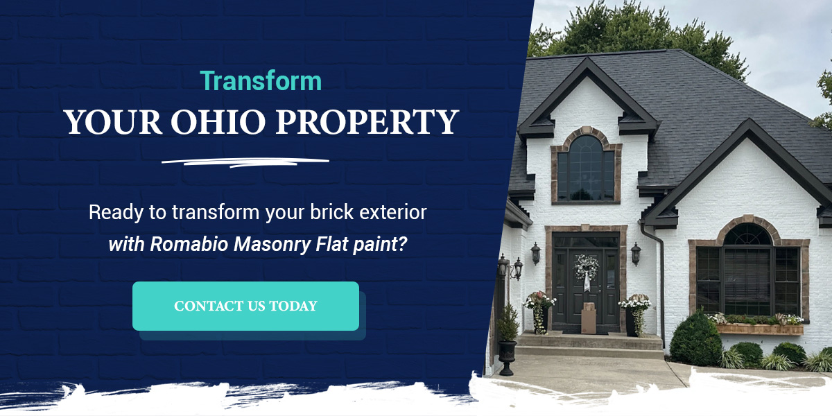 a graphic to call the ohio painting company to transform a home with romabio masonry flat